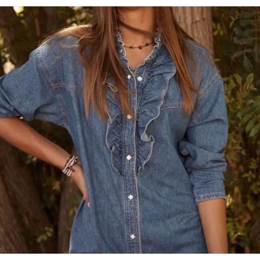 NWT Overlover Catalina Small Denim Ruffle Shirt‎ Dress Pearl Snap Button Front